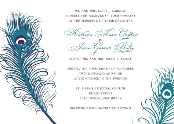 Peacock Feathers Wedding Invitation Suite Custom Printable Print Your Own