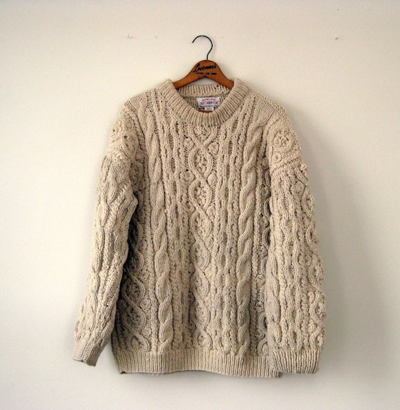 Vintage Hand Knitted Extra Large Wool Sweater in Creme