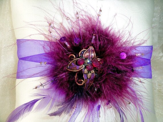 Purple-Ivory Satin Feather Ring Bearer Pillow