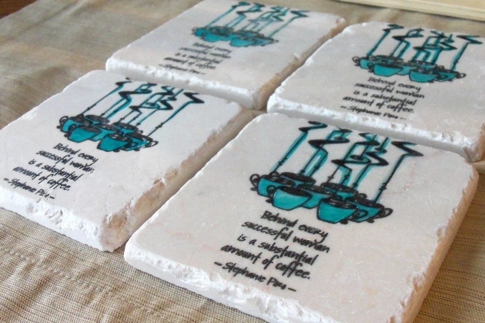 Steaming Hot Coffee Cup Tile Coasters, Set of 4, Azure Blue