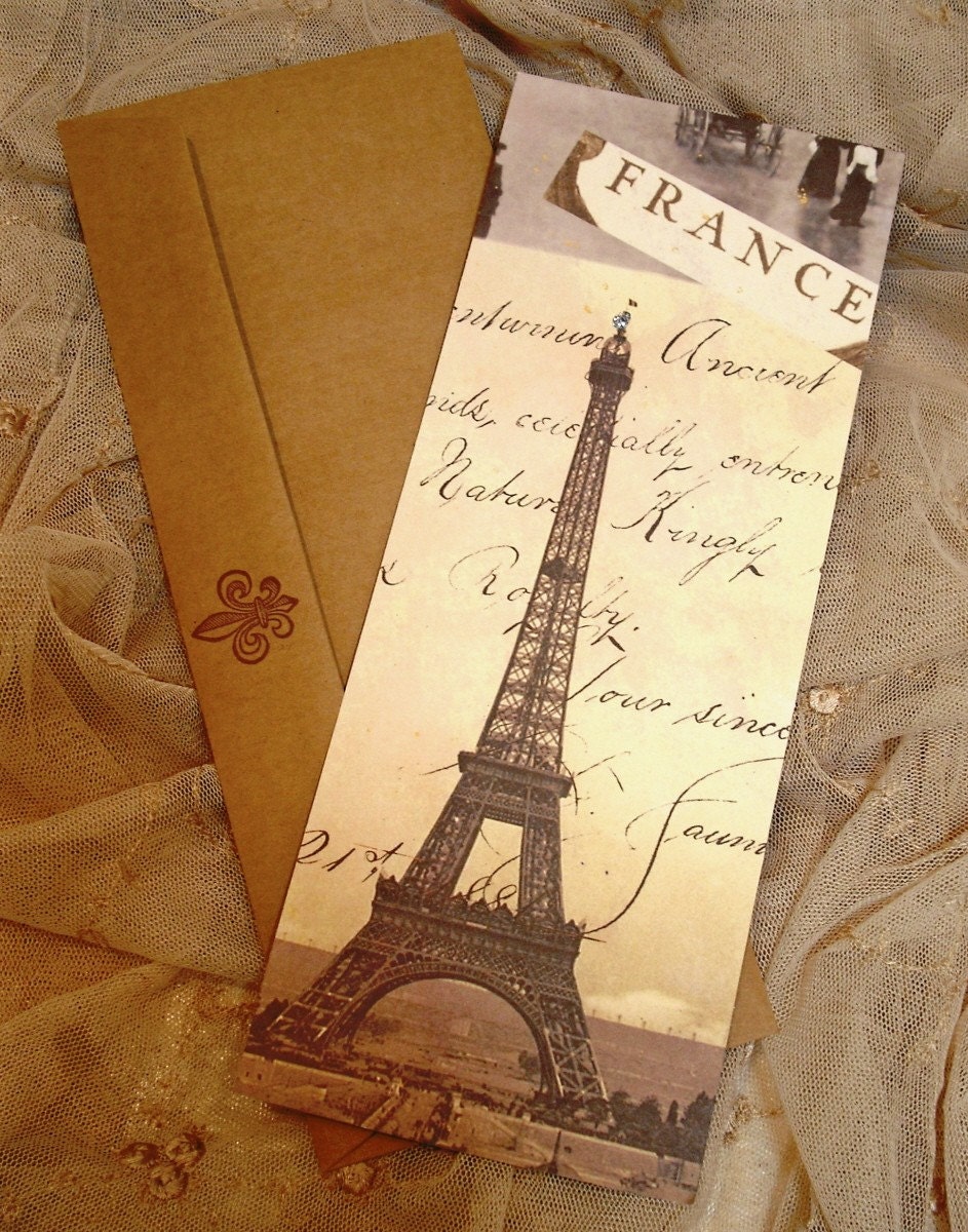Набор из 4 Франция / Эйфелева башня Плоский Notecards / Крафт конверты / Штампованные Флер де Лис