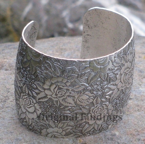Blank Cuff Bracelet Etched Rose flower Antique Silver 2 inch cuff 1227