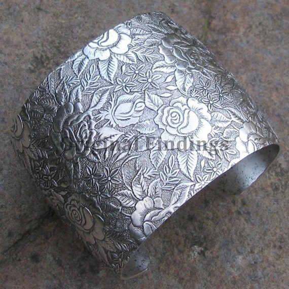 Blank Cuff Bracelet Etched Rose flower Antique Silver 2 inch cuff 1227