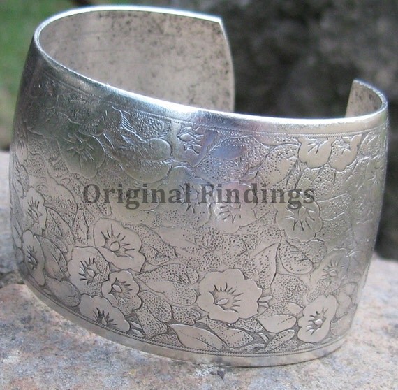 Cuff Bracelet Blank Etched Flower Antique Silver 1 1/2 inch Style No. 1100