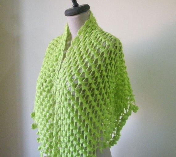 Crochet Shawl Lime Green Handcrocheted Scarf  Shimmery Spring Fashion READY TO SHIPPING