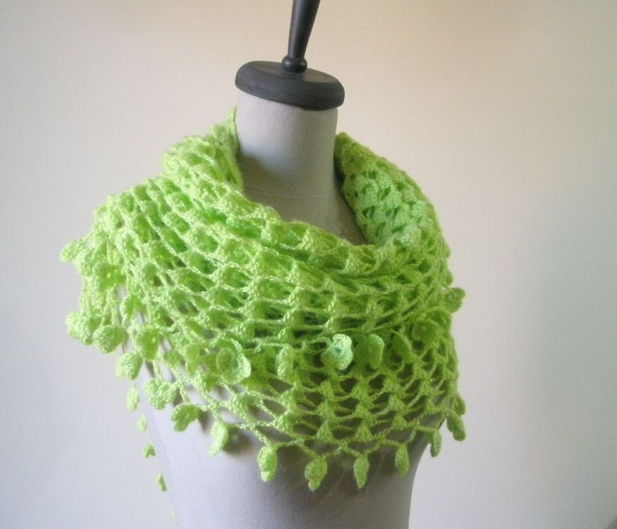 Crochet Shawl Lime Green Handcrocheted Scarf  Shimmery Spring Fashion READY TO SHIPPING