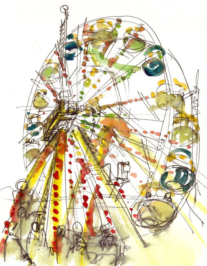 Ferris Wheel Watercolor Art, A rainbow carnival Sketch - 8x10 print
