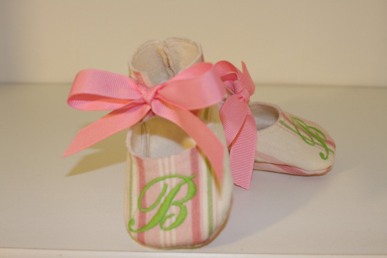 Monogrammed pink/green striped baby bootie