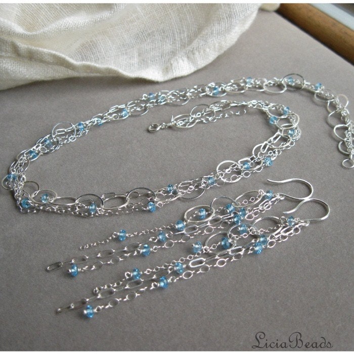 Blue topaz and sterling silver chain layered necklace with matching long dangle earrings