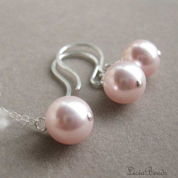 Bride in Pearls - necklace and earring set in rosaline, custom colors available