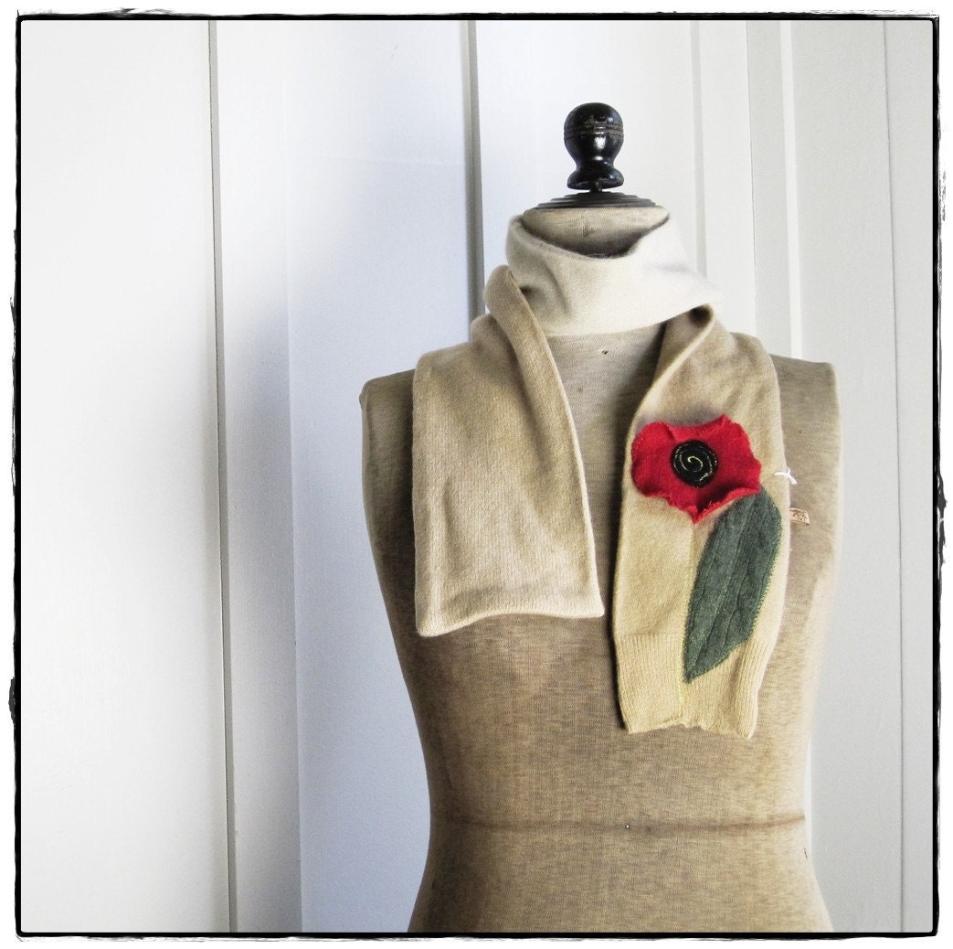 reclaimed CASHMERE scarf with Poppy Applique - camel