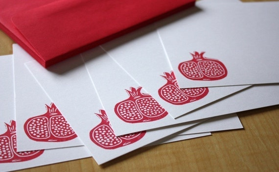 Pomegranate - Flat Note Stationery - Hand Printed - Set of 6