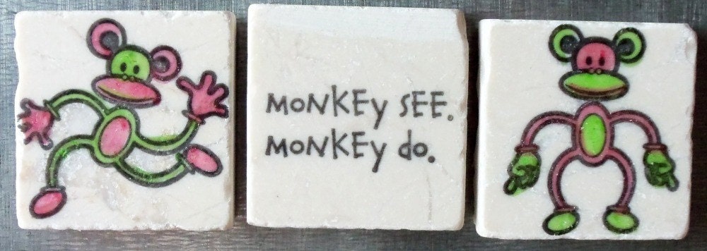Sock Monkey Tile Magnets, Set of 3, Ready to Ship