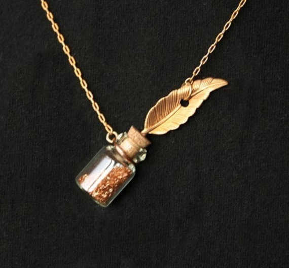 Feather Quill Ink Well Pendant Vintage Style