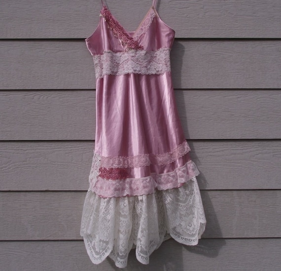Slip dress..pink satin..cream lace..bridal.prom