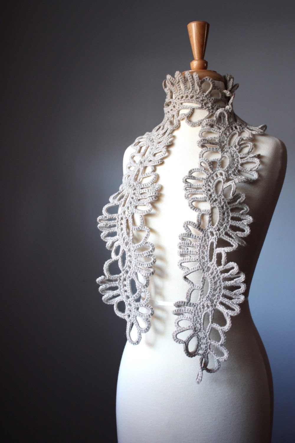 Crochet Art scarf  Natural  mix / oatmeal / grey / gray / beige wool lace floral romantic design eco friendly epictt etsy team teamb HMET