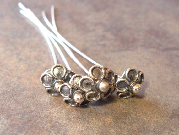 2 Bali Sterling Silver 24 gauge 55mm Headpins with Ornametal Flower