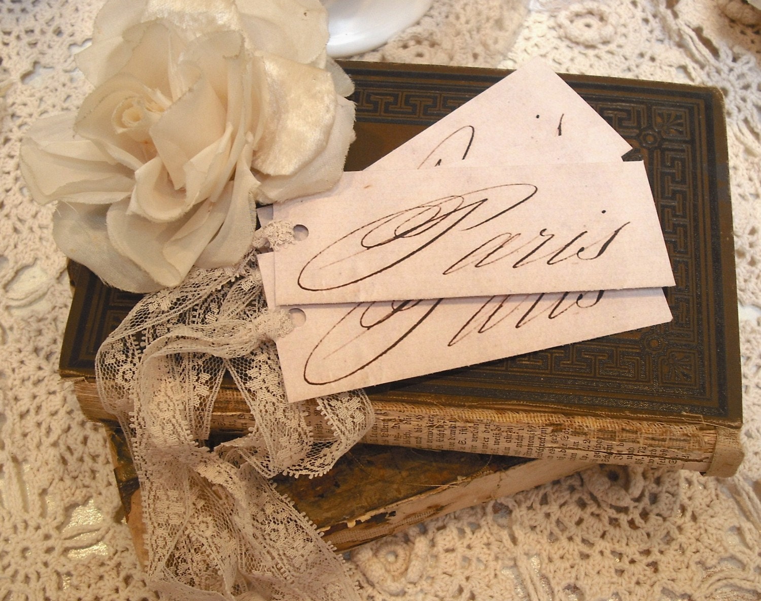 Set of 4 Romantic PARIS Script tags/Vintage Lace