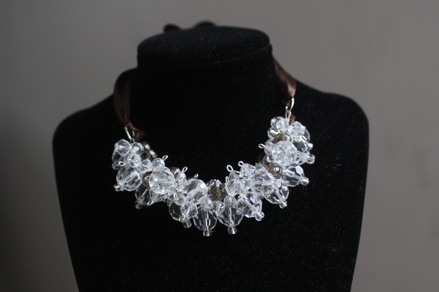 OOAK Smokey Quartz and Crystal Ribbon Necklace