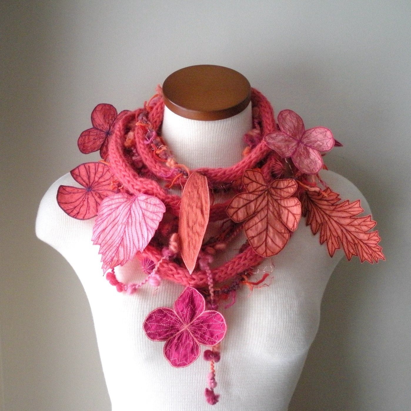 Long and Leafy Scarf with Embroidered Leaves- Bright Salmon with Orange, Thulian Pink, and Red-Violet Berries