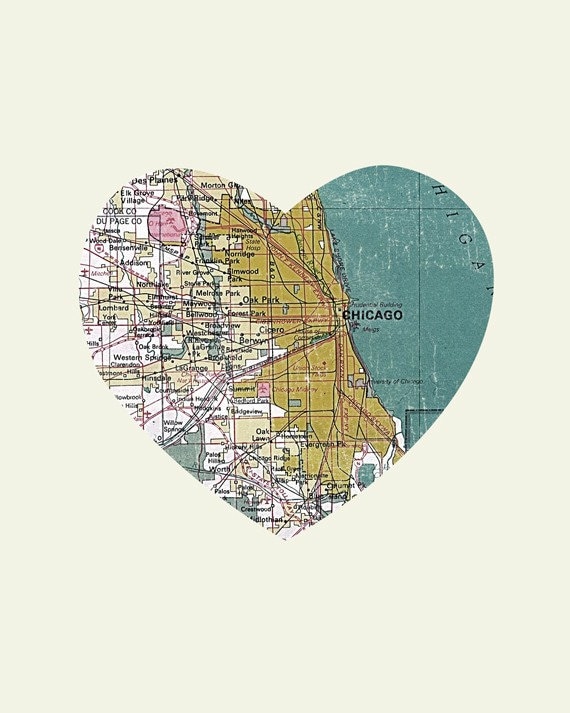 Chicago Art City Heart Map - 8x10 Art Print