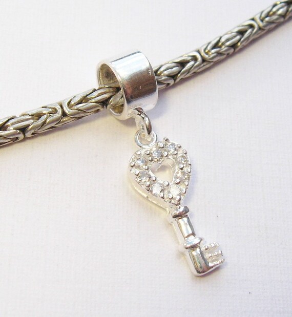 Sterling Silver Pandora Style Bead - Crystal Heart Shaped Key Charm