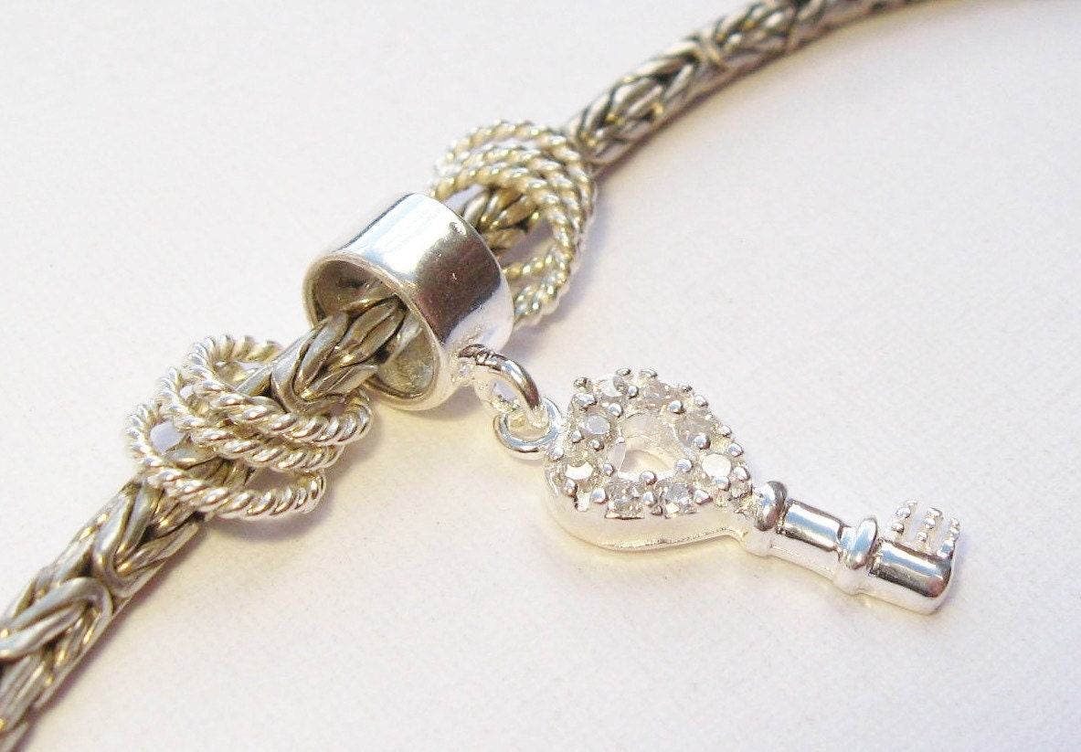 Sterling Silver Pandora Style Bead - Crystal Heart Shaped Key Charm