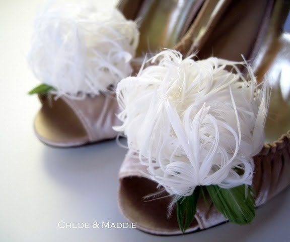 TYLER Light Ivory/ diamond white feather flower puff shoe clips for weddings, special occasions, boudoir
