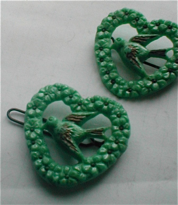 Green Love Bird Barrettes -  Vintage 40s Set of Two