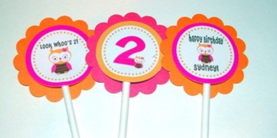 Personalized Birthday Owl Cupcake Toppers for Girl Owl Birthday Party in Pink and Orange