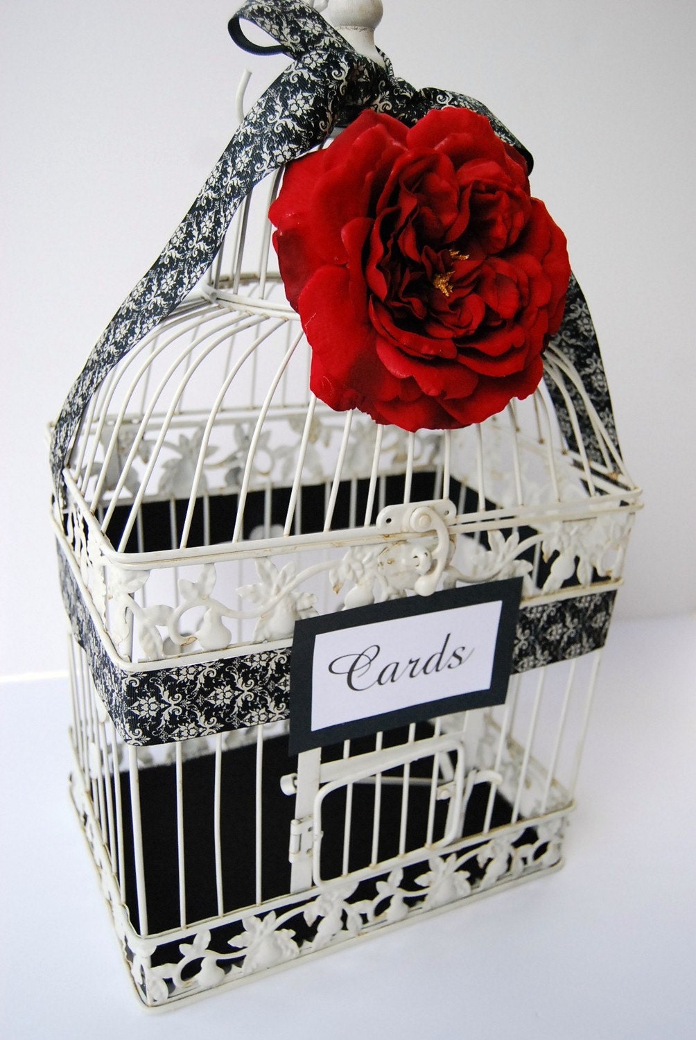Large Bird Cage Wedding Card Holder Black and Ivory Damask with Deep Red 