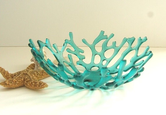 Aqua Glass Bowl, Coral Bowl, Glass Bowls, Beach Glass Art, Decorative