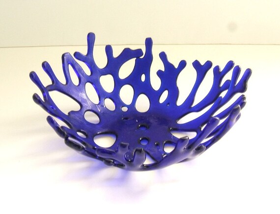 20% Off Labor Day Sale - Cobalt Blue Ocean Beach Sea Coral Art Glass Bowl