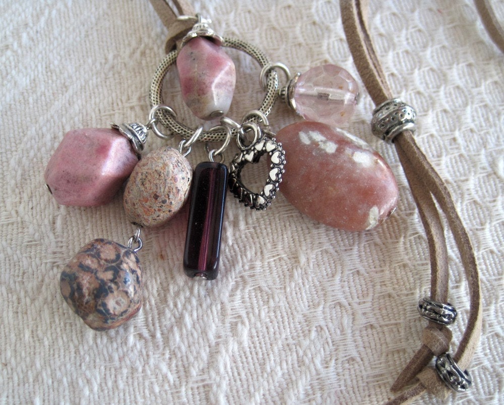 Rhodonite Charm Talisman Necklace Hope Pink Suede Cord Long Length
