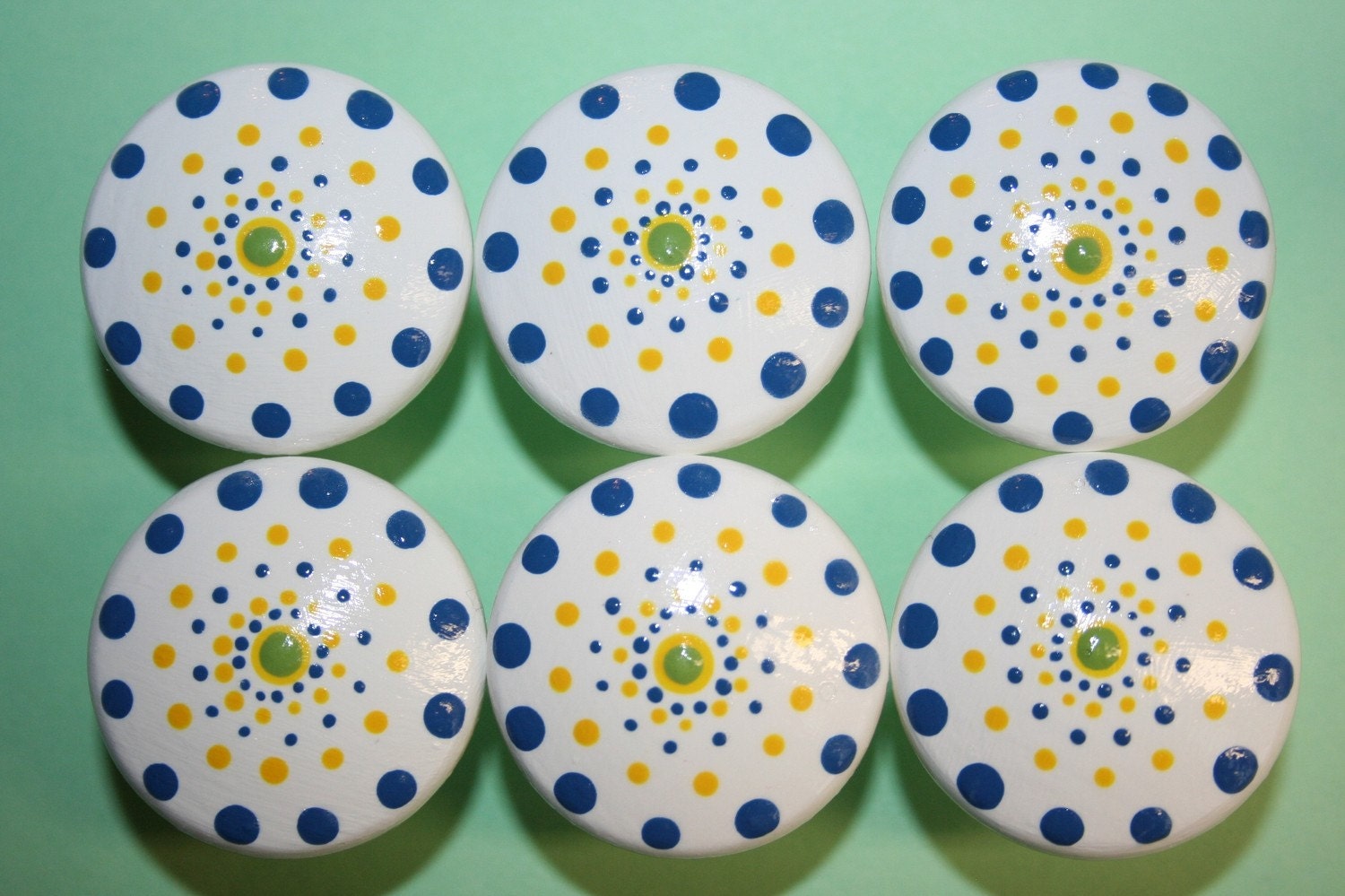 White With Yellow, Blue and Green Polka Dot Knobs
