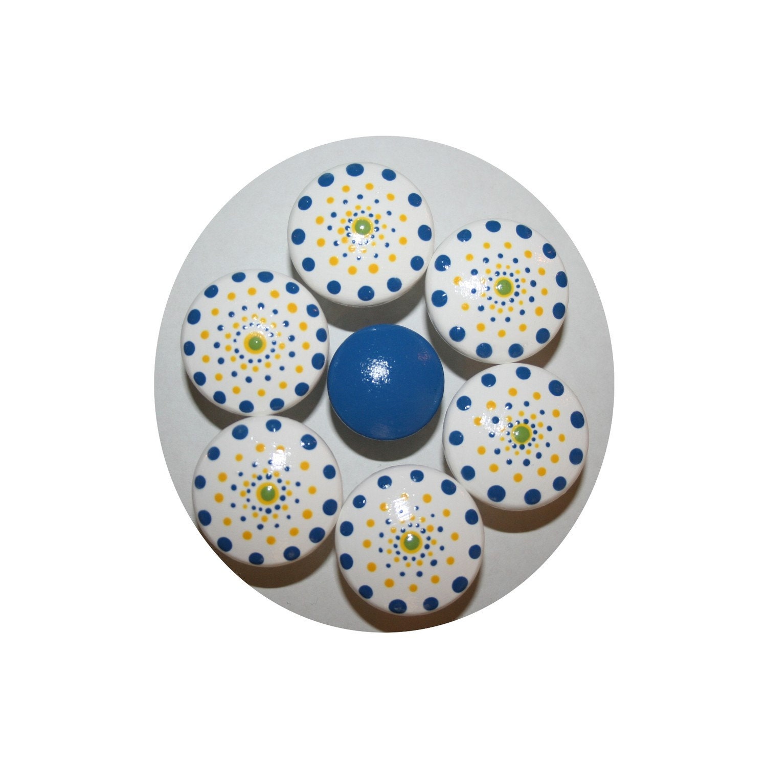 White With Yellow, Blue and Green Polka Dot Knobs