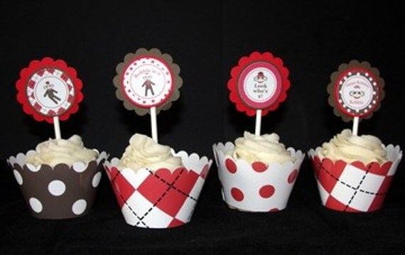 Personalized Boy Sock Monkey Cupcake Kit for Boy Birthday Party Boy Baby Shower in Red and Brown