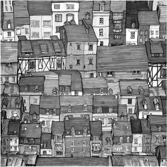 City Rooftops Black and White 8in X 8in Art Print