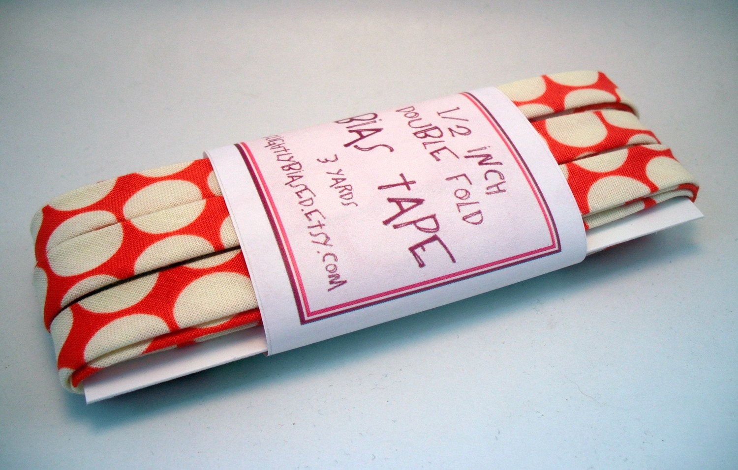 Bias Tape - Full Moon Polka Dot in Cherry Handmade Double Fold Bias Tape, 3 Yards