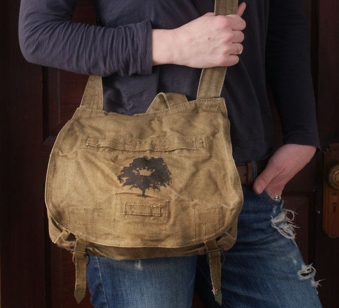 Vintage Hemp Czech Military Bandage Bag with Crowned Tree