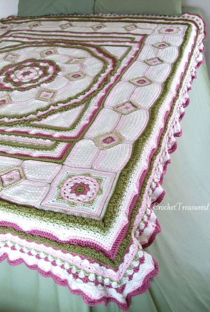 Amongst the Roses Bedspread or Throw / Queen - Full - Twin / new / handmade / afghan / rose / pink / green / floral / white / unique