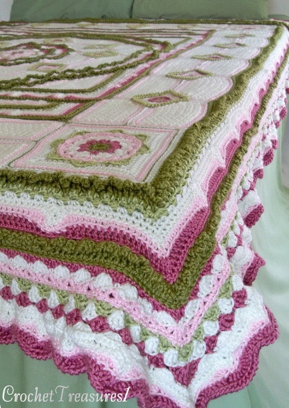 Amongst the Roses Bedspread or Throw / Queen - Full - Twin / new / handmade / afghan / rose / pink / green / floral / white / unique