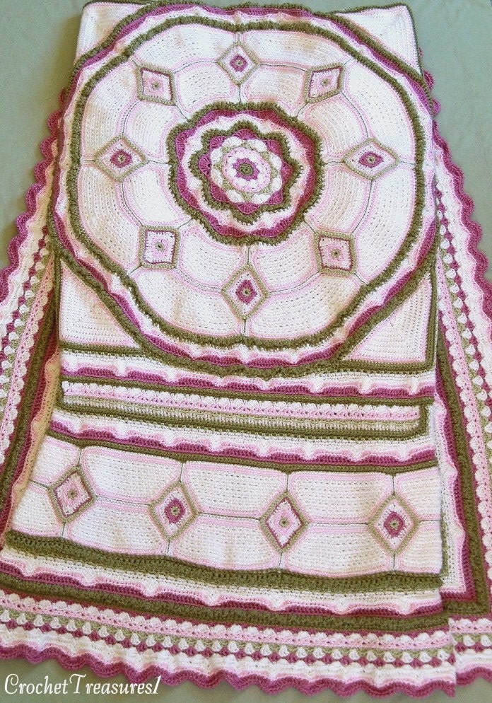 Amongst the Roses Bedspread or Throw / Queen - Full - Twin / new / handmade / afghan / rose / pink / green / floral / white / unique