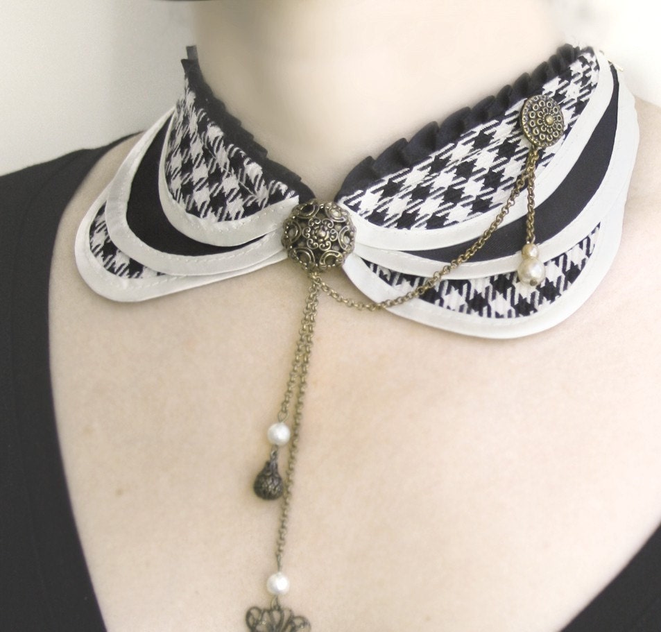 Diana  tailored layered collar   dogtooth check ivory& black fabric and soft cream satin ruffled black satin