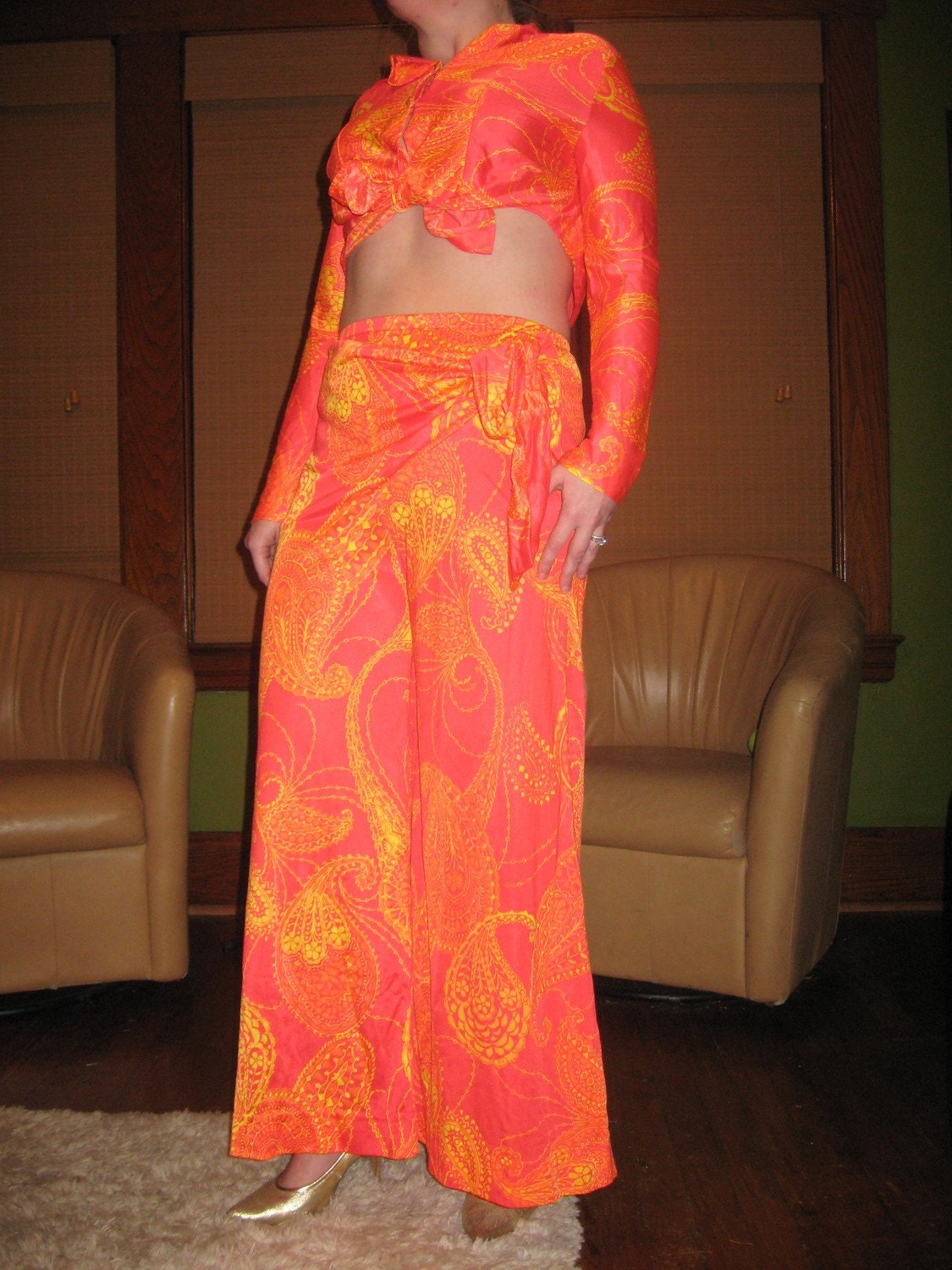Vintage late 1960s early 1970s two piece Wide Bottom Paisely Pants set COOL and GROOVEY