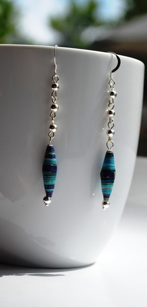 Paper Bead and Sterling Silver Long Dangle Earrings