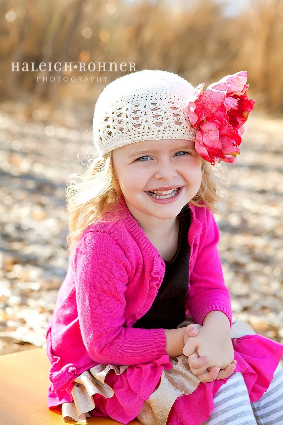 Crochet Beanie Hat-Ivory-Hot Pink Peony Flower-Infant Hat-Toddler Hat-Girls-Adults-Photography Props