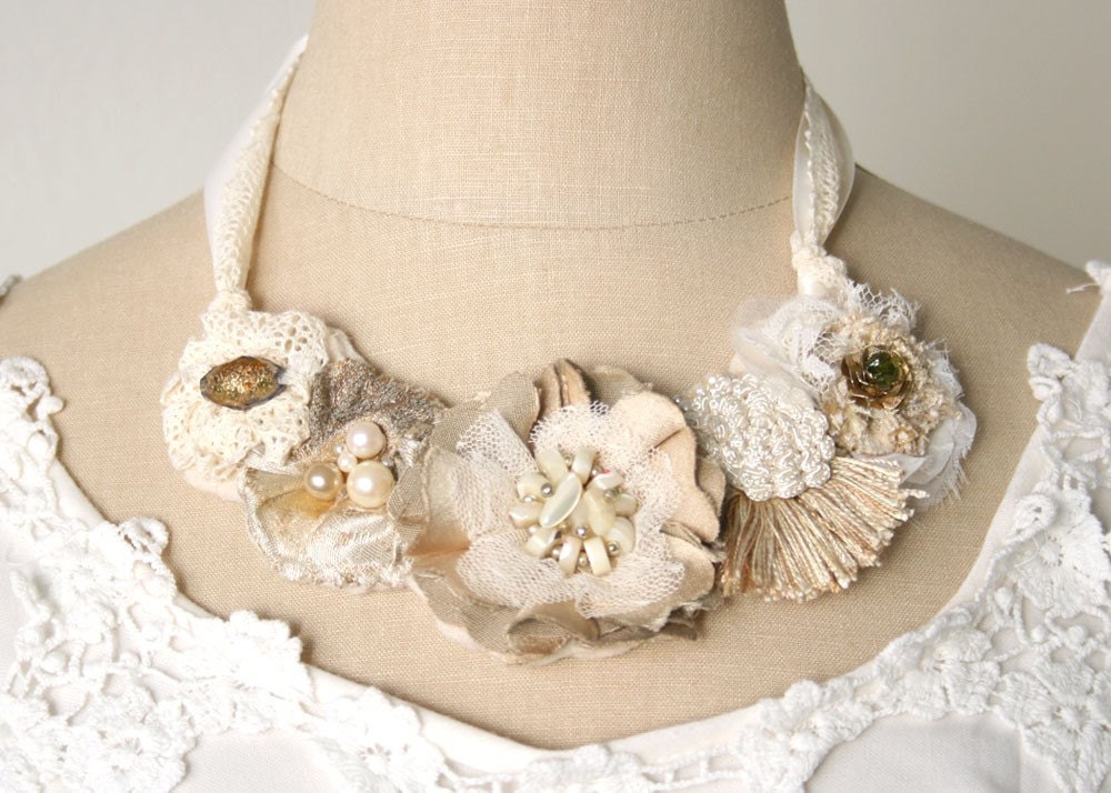 Bridal Statement Bib Necklace, Flowers, Ivory White, Taupe, and Beige