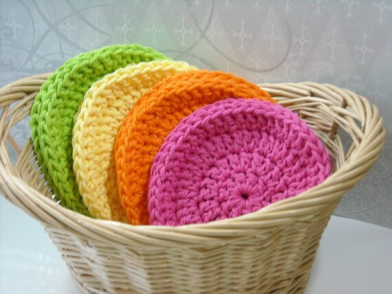 Face Scrubbies Makeup Remover Pads Crochet Cotton Washcloth Bright Orange, Pink, Lime, Yellow Set of 8