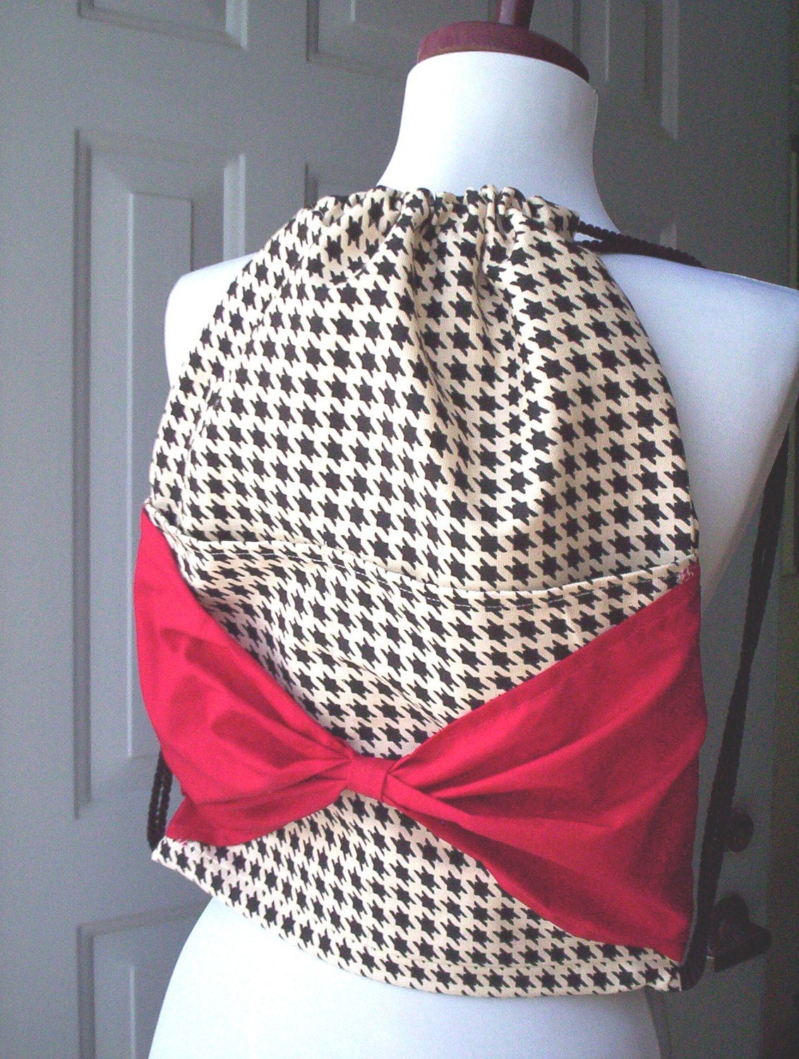 Houndstooth Backpack with Red Bow and Drawstring Closure
